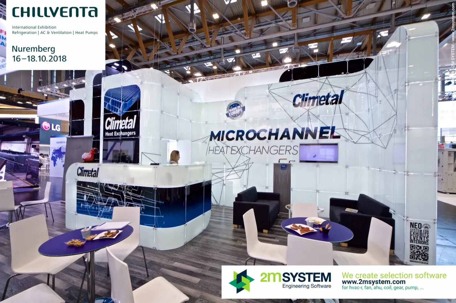 Climetal stand front with "Microchannel Heat Exchangers" wall and lounge at Chillventa 2018