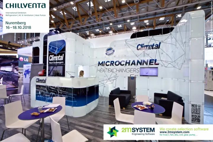 Climetal stand front with "Microchannel Heat Exchangers" wall and lounge