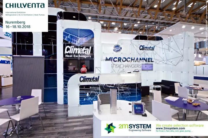 Climetal stand with microchannel heat exchanger samples and R32 Ready sign