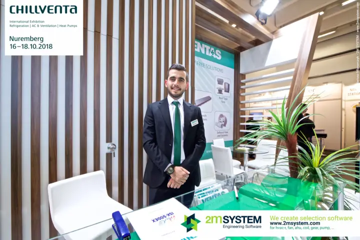 Close portrait at the Ventas counter in front of the timber slat wall at Chillventa 2018