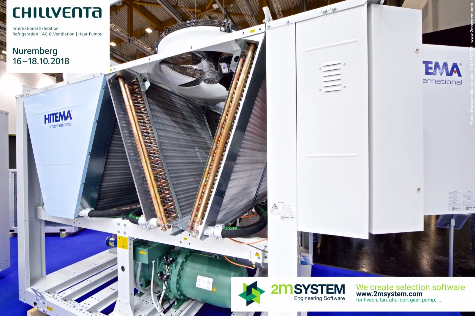 Close-up of Hitema chiller V-coils, axial fan and compressor at Chillventa 2018