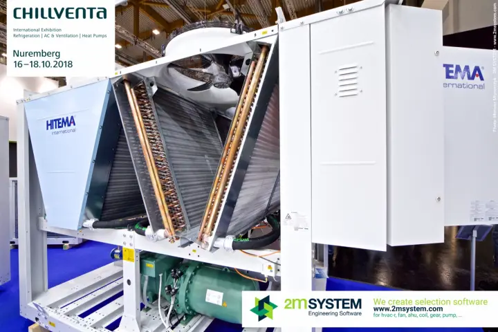 Close-up of Hitema chiller V-coils, axial fan and compressor at Chillventa 2018