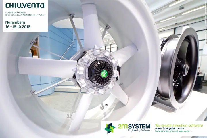 Close-up of a large ebm-papst axial fan hub with Green Tech badge at Chillventa 2018