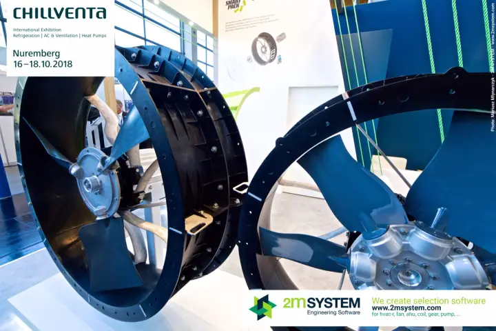 Close-up of two black SMARTPACK axial fan housings with grey impellers at Chillventa 2018
