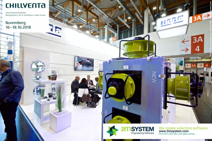 Close view of new Hidria green centrifugal fans with motor display behind