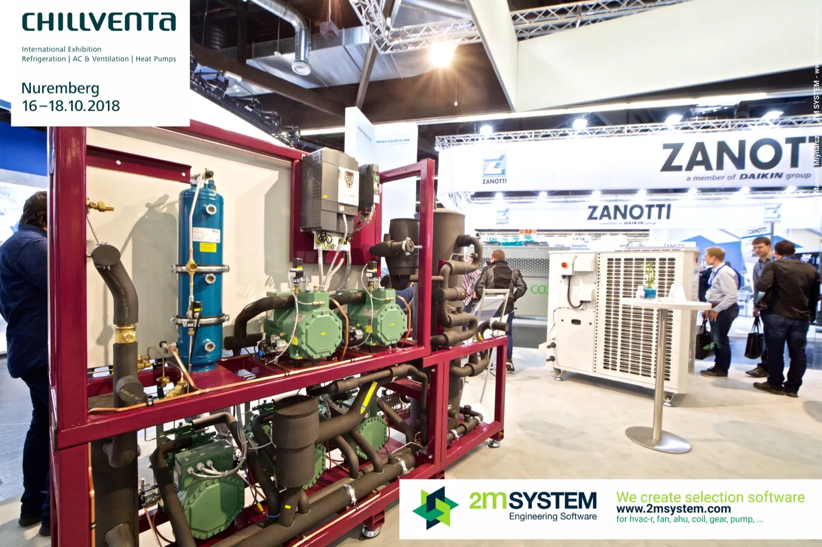 Close view of a red-framed compressor rack with green compressors at Chillventa 2018