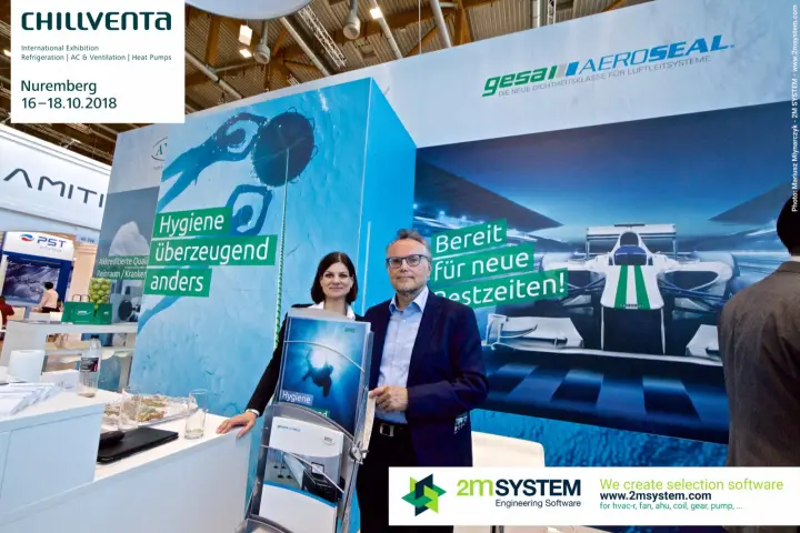 Closer portrait at the gesa Aeroseal stand with hygiene brochure rack at Chillventa 2018