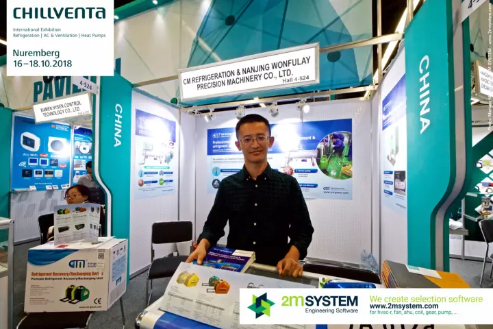 CM Refrigeration booth showing portable refrigerant recovery and recharging units