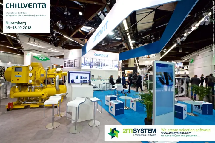 Compact Kältetechnik stand with yellow compressor package and blue lounge
