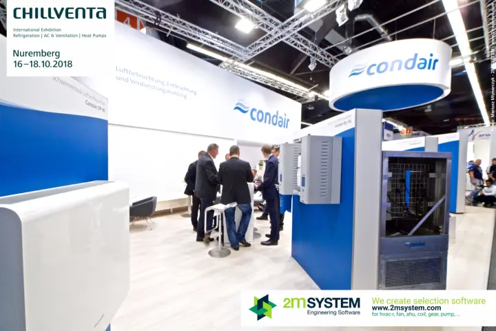 Condair DP-W pool dehumidifier and RS steam humidifiers on blue panels at Chillventa 2018