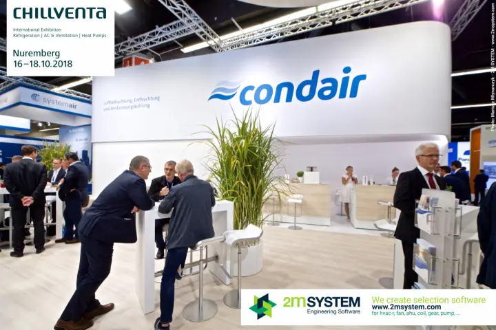 Condair stand with curved white fascia and visitors at meeting tables at Chillventa 2018