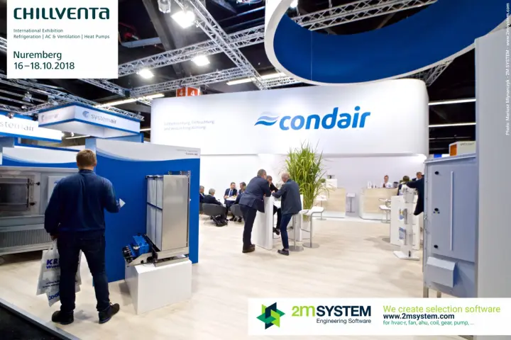 Condair stand with humidifier display and lounge under round hanging logo at Chillventa 2018