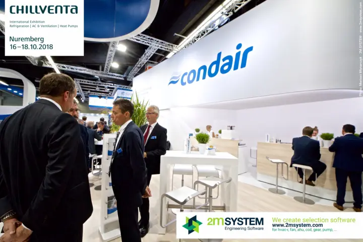 Condair stand meeting zone with high tables and wood-faced counter at Chillventa 2018