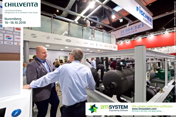 Conversation beside a CF Systems rack under the Fischer upper deck at Chillventa 2018
