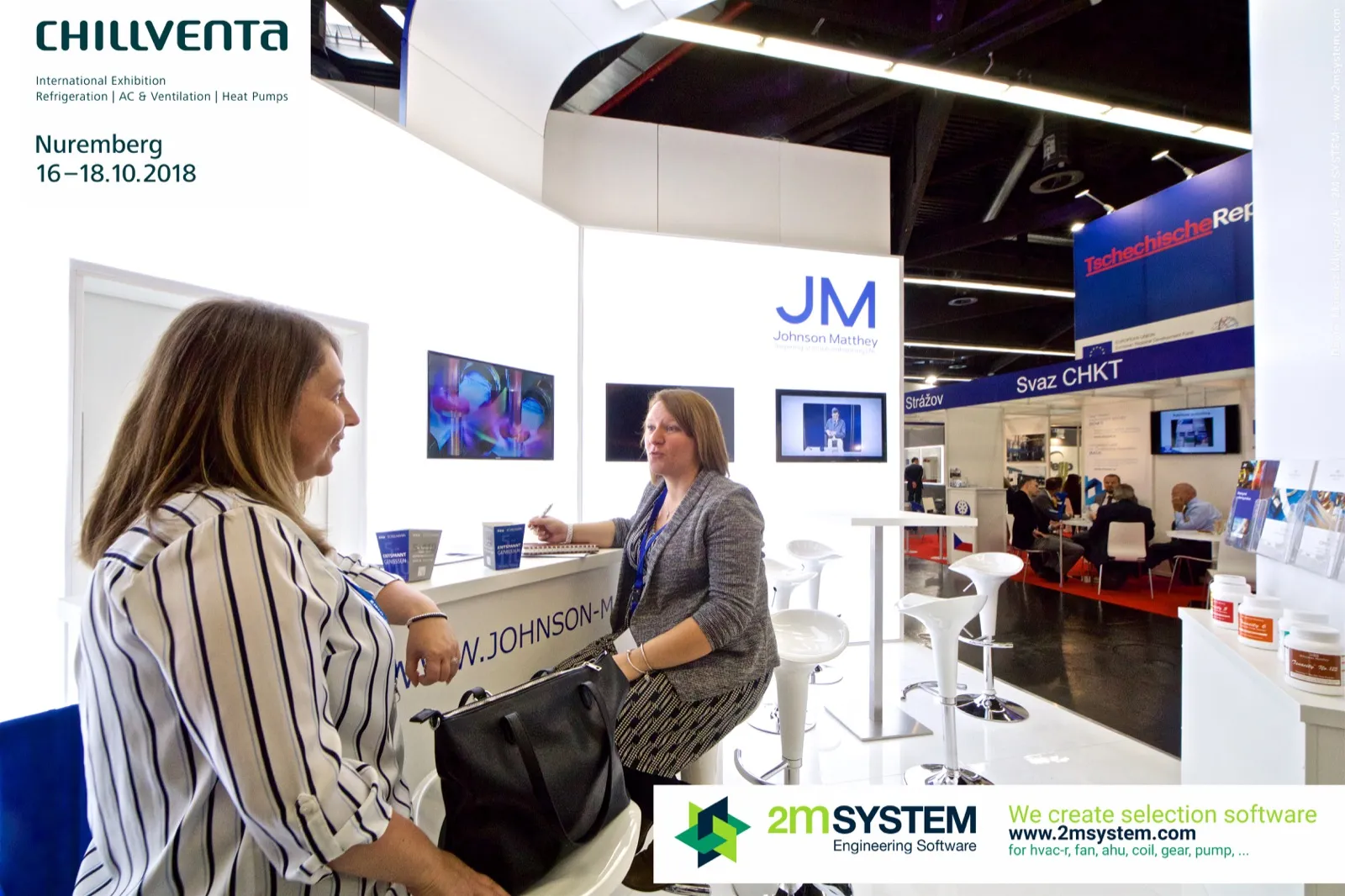 Conversation at the Johnson Matthey counter with brazing product tubs at Chillventa 2018