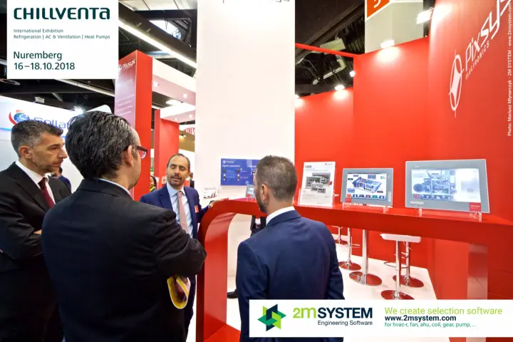 Conversation at the Pixsys counter with touch panel PCs on display at Chillventa 2018