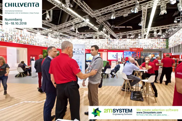 Conversations in the Danfoss lounge beneath a frieze of portraits at Chillventa 2018