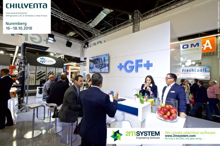 Conversations at the GF bar beside black COOL-FIT pipe columns at Chillventa 2018