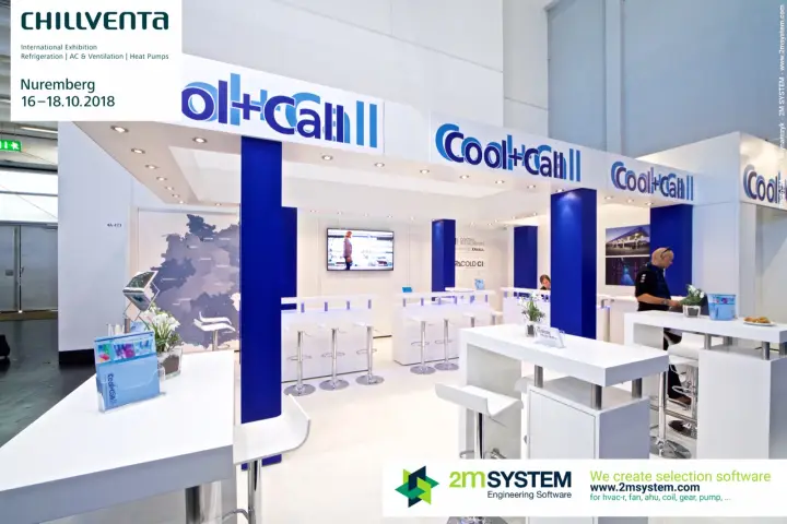 Cool+Call stand with blue columns and white high tables at Chillventa 2018
