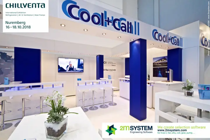 Cool+Call stand with white bar counters, stools and deep blue columns at Chillventa 2018