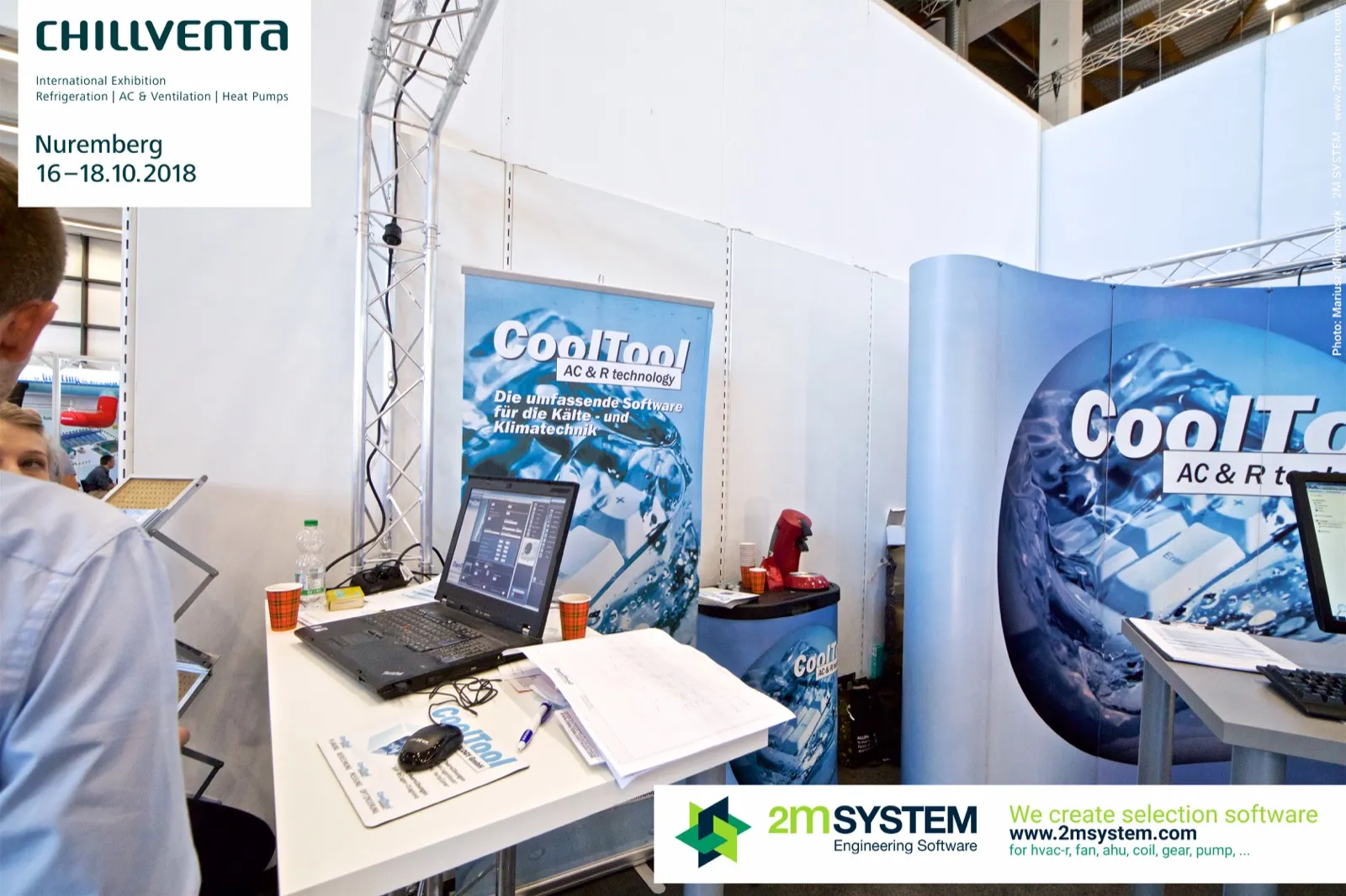 CoolTool laptop demo station with branded mouse pad and roll-up at Chillventa 2018