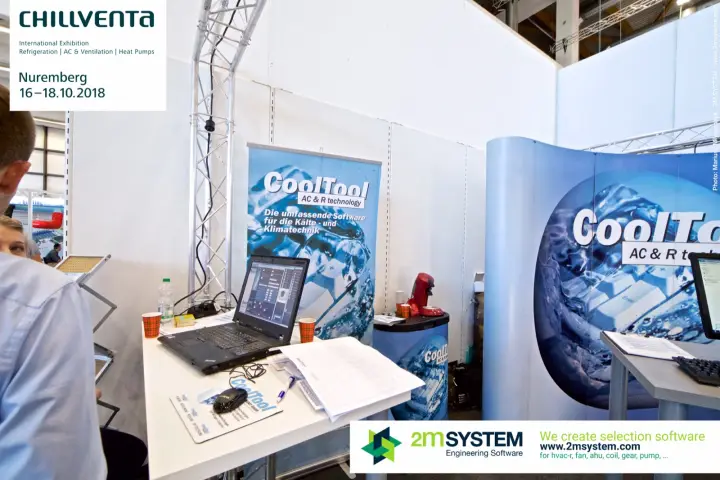 CoolTool laptop demo station with branded mouse pad and roll-up at Chillventa 2018