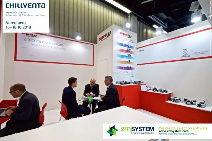 Coprel stand with small fans and motors on red shelves and a meeting table at Chillventa 2018