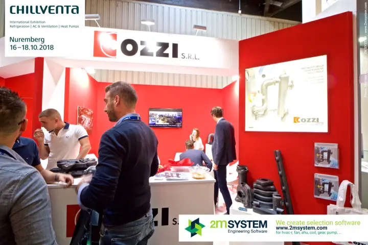 Cozzi stand with black insulation shells and visitors at the counter at Chillventa 2018