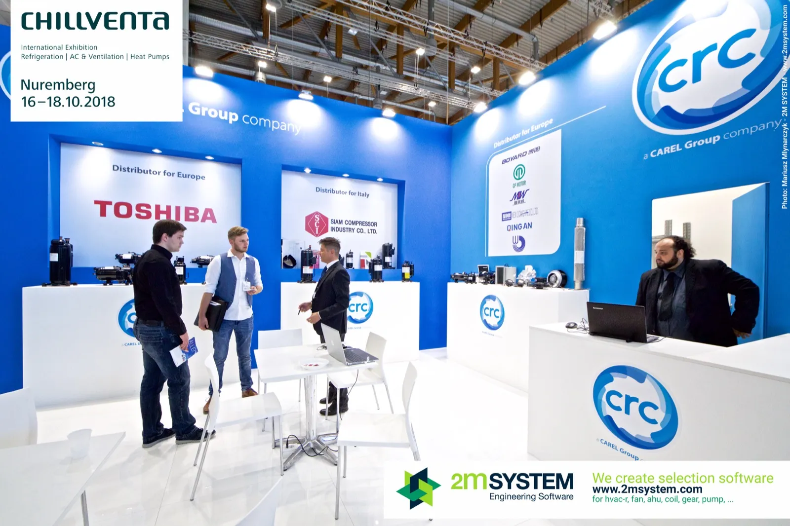 CRC stand with Toshiba and Siam compressors in lit display niches at Chillventa 2018