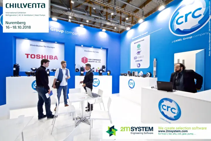 CRC stand with Toshiba and Siam compressors in lit display niches at Chillventa 2018