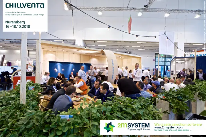 Crowded Daikin café with strawberry planters and festoon lights at Chillventa 2018