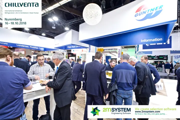 Crowded Güntner information area under blue product fascias at Chillventa 2018