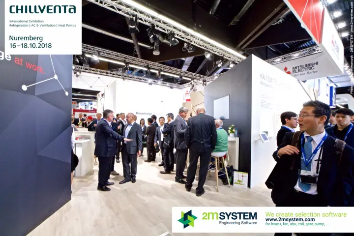 Crowded interior of the Mitsubishi Electric stand at Chillventa 2018