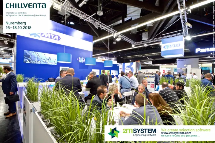 Crowded MTA stand with planters and blue pendant lamps at Chillventa 2018