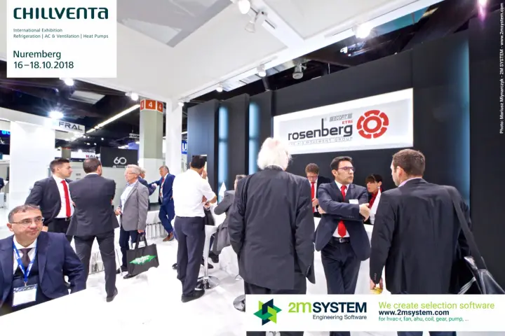 Crowded Rosenberg reception counter under the lit company logo at Chillventa 2018