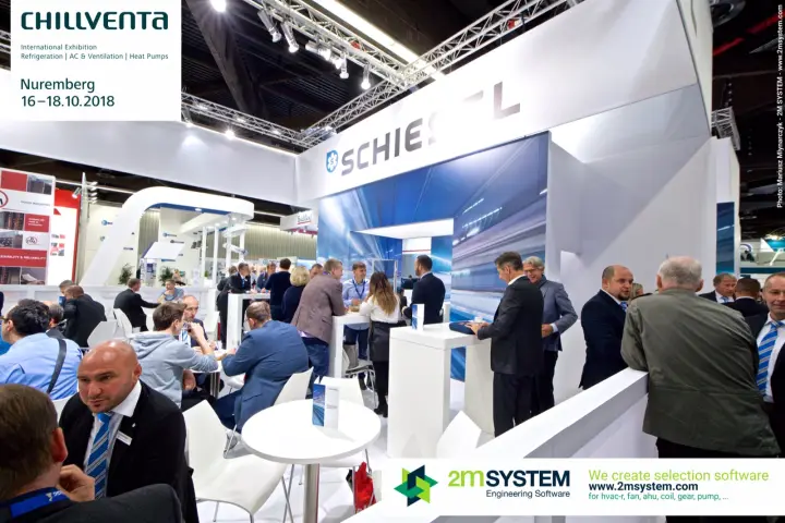 Crowded Schiessl stand with white tables and blue light-trail graphics
