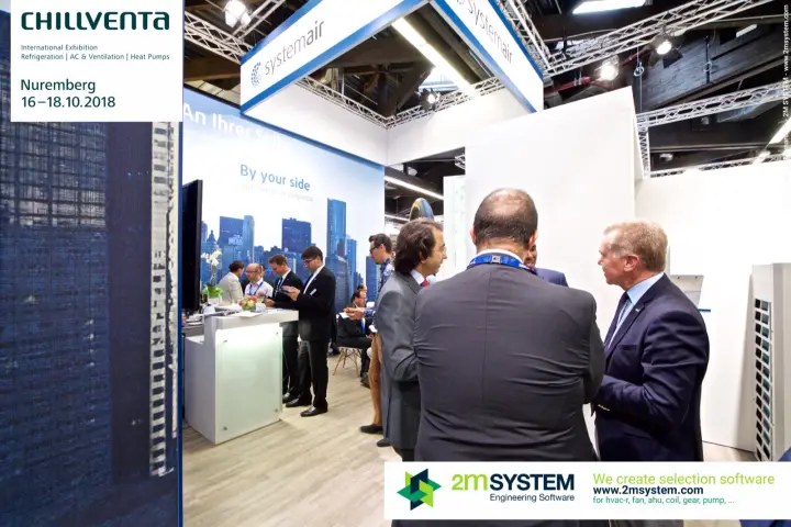 Crowded Systemair stand with By your side skyline backdrop at Chillventa 2018