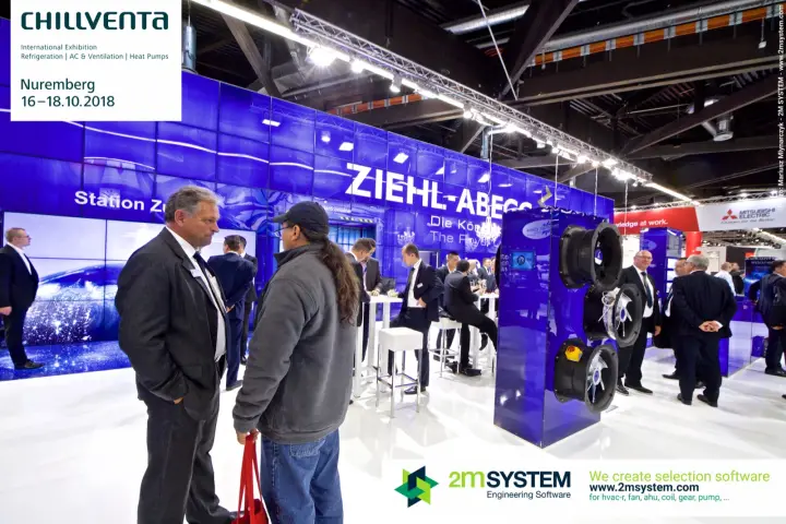 Crowded Ziehl-Abegg stand with a tower of axial fans at Chillventa 2018