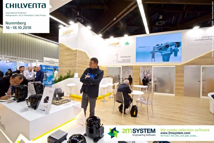 Cubigel hermetic compressors beside a "Mechanical Assembly" video wall at Chillventa 2018
