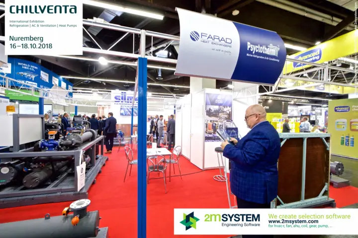 Curved Farad and Psyctotherm sign above skid units and a heat exchanger at Chillventa 2018