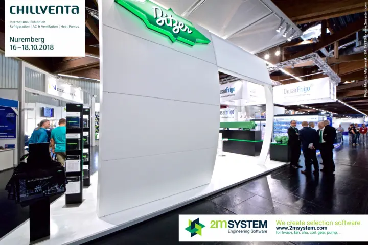 Curved white Bitzer stand wall with illuminated green logo at Chillventa 2018