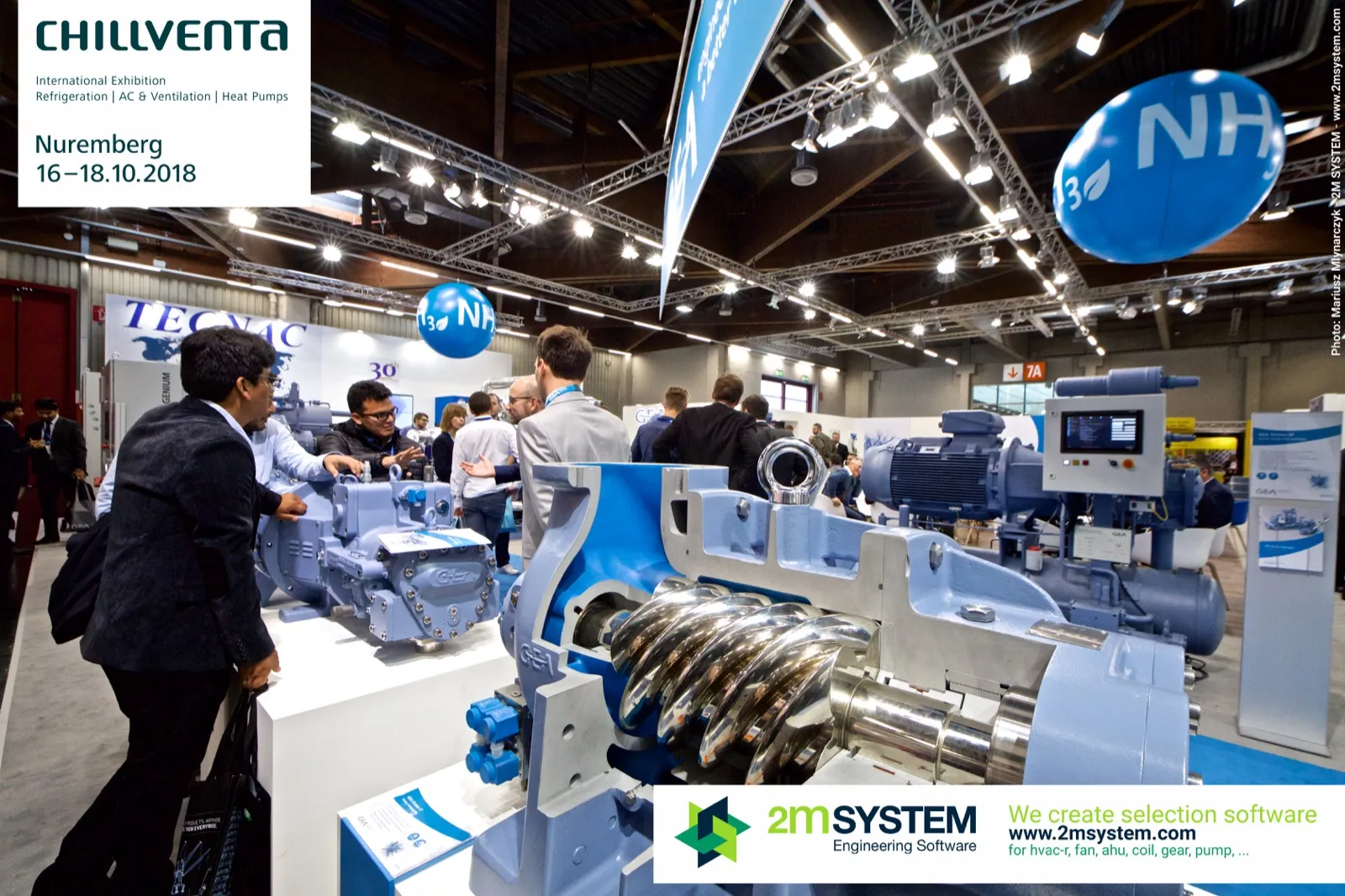 Cutaway GEA screw compressor showing its rotors on a busy stand at Chillventa 2018
