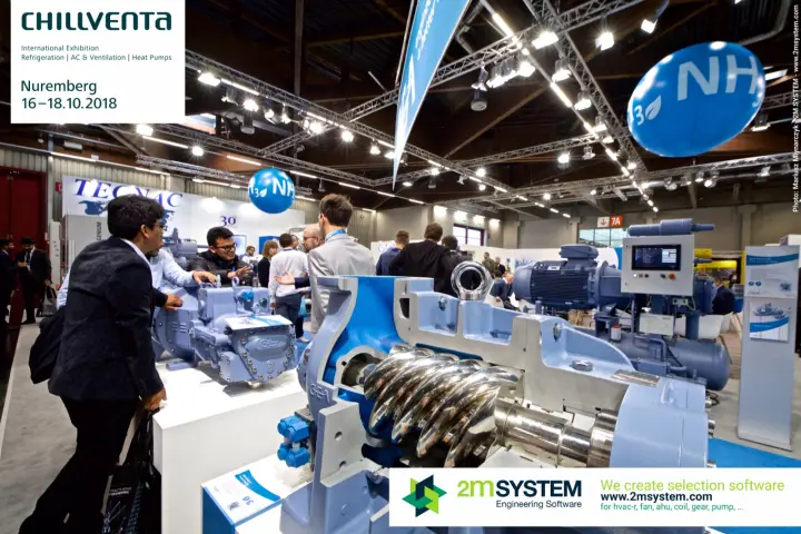 Cutaway GEA screw compressor showing its rotors on a busy stand at Chillventa 2018