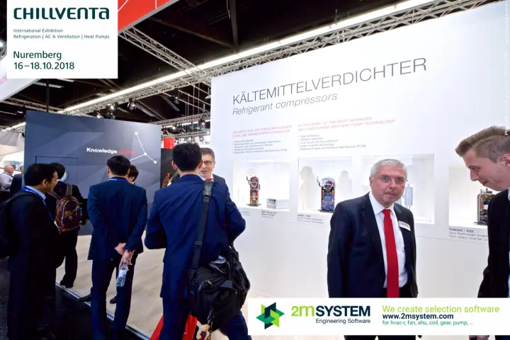 Cutaway refrigerant compressors on the Mitsubishi Electric wall at Chillventa 2018