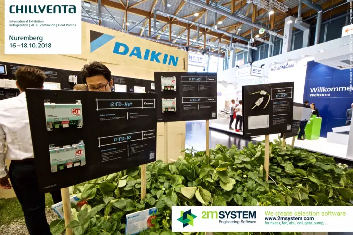 Daikin interface modules RTD-Net, RTD-10 and BF-R3T on boards in a strawberry bed at Chillventa 2018