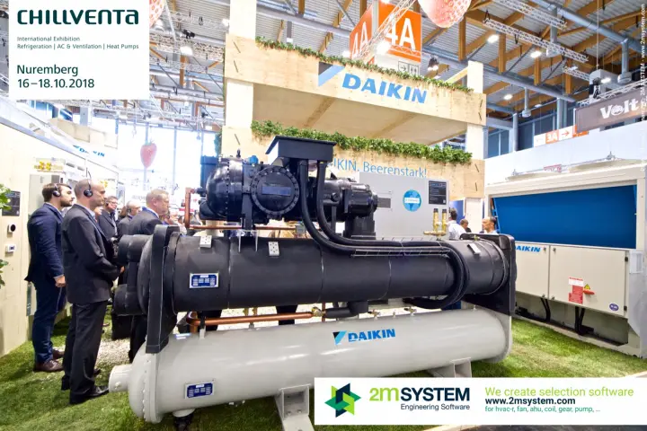 Daikin water-cooled screw chiller in front of the plywood stand tower at Chillventa 2018