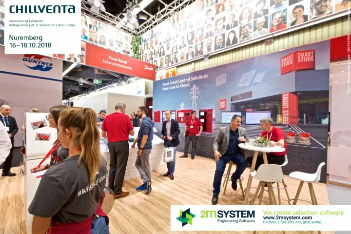 Danfoss food retail area with 'Smart Store' backdrop and meeting tables at Chillventa 2018