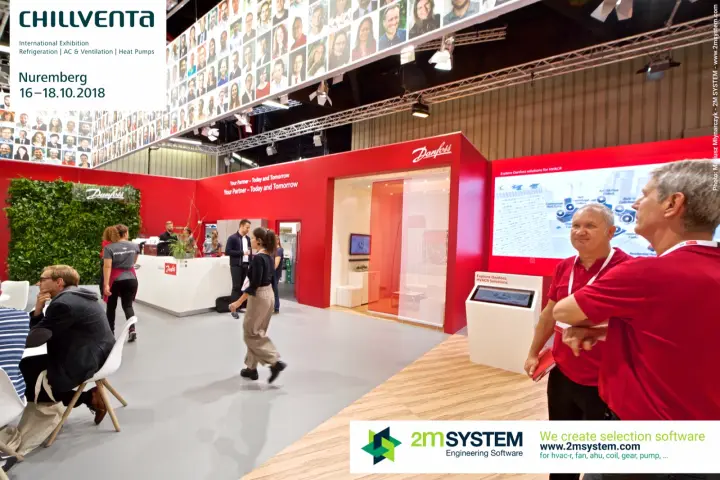 Danfoss red stand with green logo wall, café counter and HVACR touchscreen at Chillventa 2018