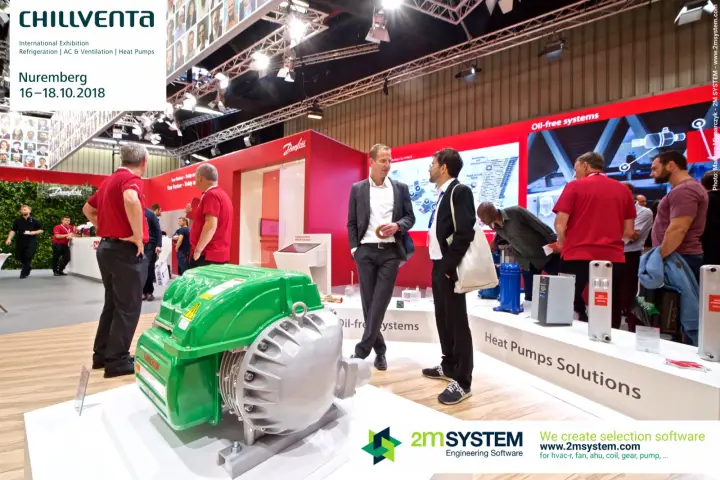 Danfoss Turbocor oil-free compressor in front of 'Heat Pumps Solutions' display at Chillventa 2018