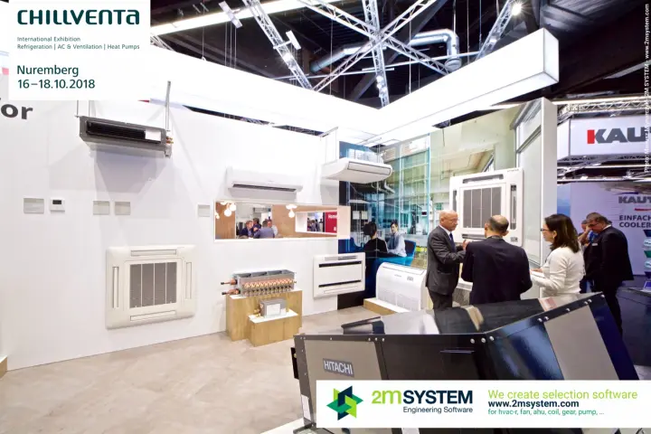 Dark Hitachi unit in front of the cassette and branch box display at Chillventa 2018